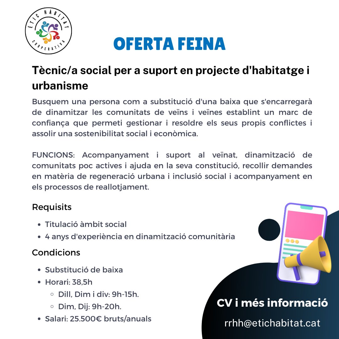 Ètic Hàbitat Coop (@etichabitat) on Twitter photo 📣 OFERTA URGENT 📣
Tècnic/a social per a suport en projecte d'habitatge i urbanisme
📩Envia el CV a: rrhh@etichabitat.cat
Incorporació immediata. 📣 OFERTA URGENT 📣
Tècnic/a social per a suport en projecte d'habitatge i urbanisme
📩Envia el CV a: rrhh@etichabitat.cat
Incorporació immediata.