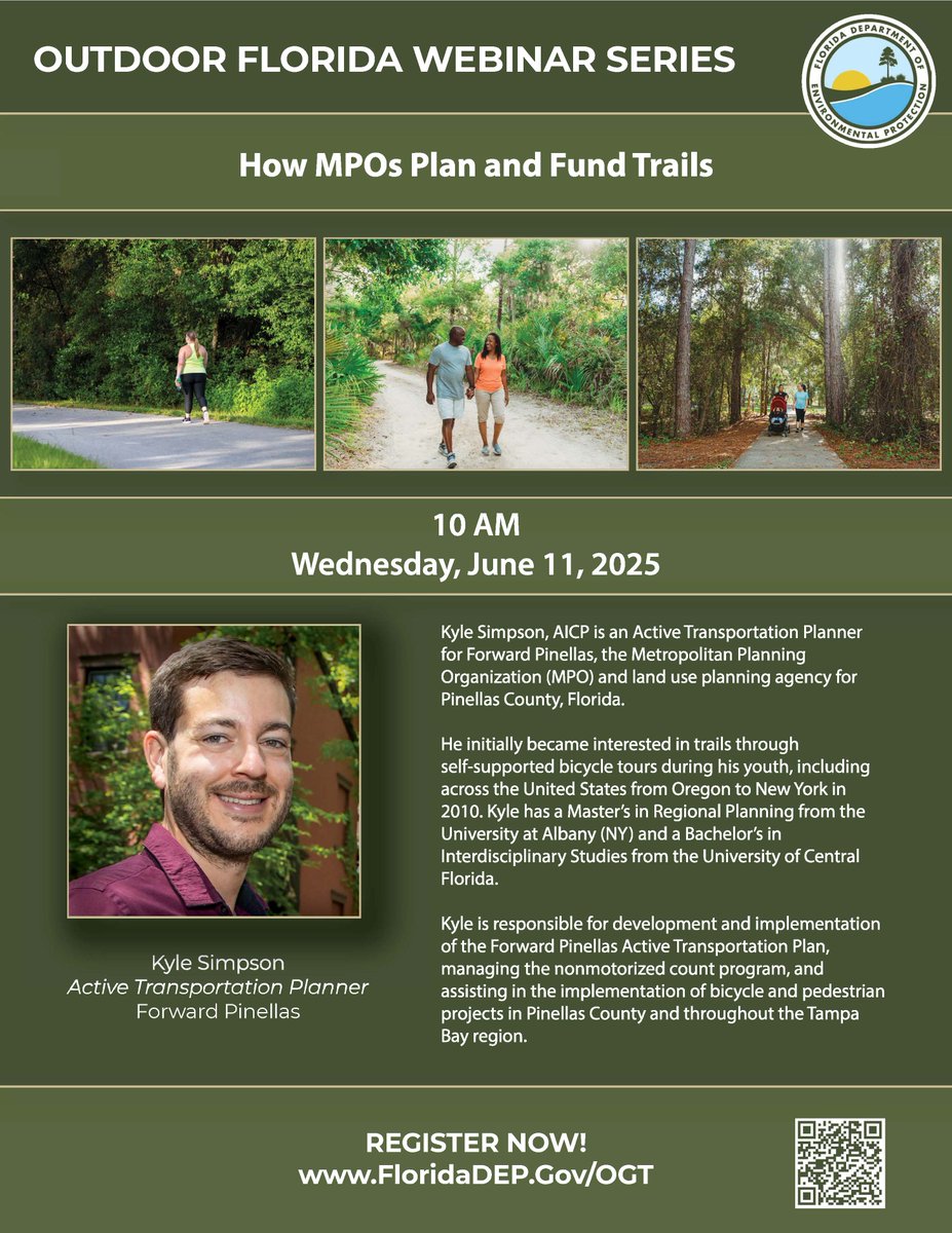 ForwardPinellas (@forwardpinellas) on Twitter photo Learn how trails are planned and funded with our own Kyle Simpson, Active Transportation Planner, on the next Outdoor Florida Webinar with <a href="/FLDEPNews/">Florida DEP News</a>! Tune in June 11th at 10am EST. Register at: FloridaDEP.Gov/OGT Learn how trails are planned and funded with our own Kyle Simpson, Active Transportation Planner, on the next Outdoor Florida Webinar with <a href="/FLDEPNews/">Florida DEP News</a>! Tune in June 11th at 10am EST. Register at: FloridaDEP.Gov/OGT