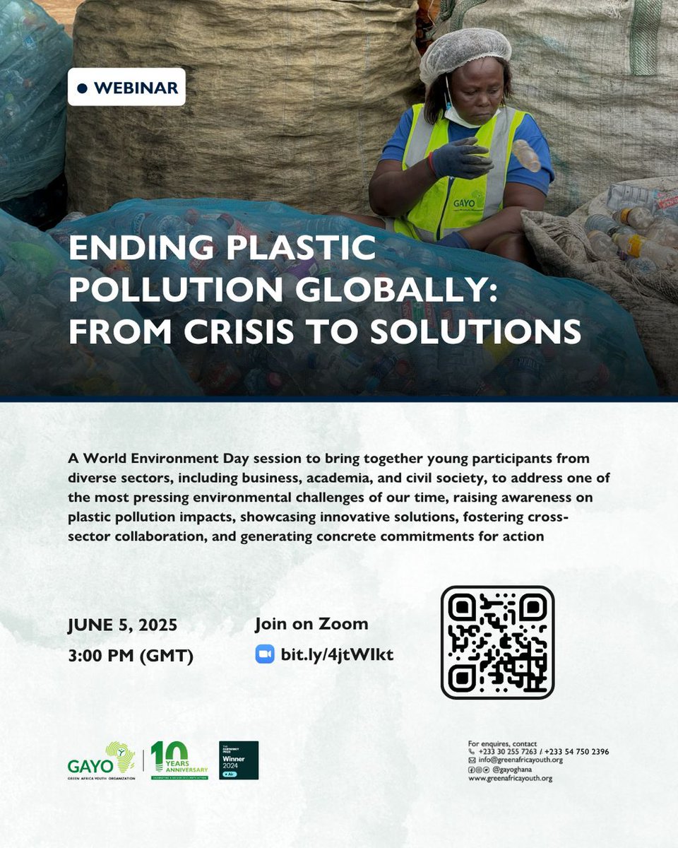 gayoghana's tweet photo. 🌍 This #WorldEnvironmentDay, join us on June 5, 2025 for a powerful webinar to #EndPlasticPollution! 💡🌱

Let’s turn awareness into action &amp; spark real change. 🌊♻️

Join the conversation🔗 https://t.co/tfIR4F6YuD

#GAYOImpact #WED2025 #endplasticpollution https://t.co/1q92UCtQa7