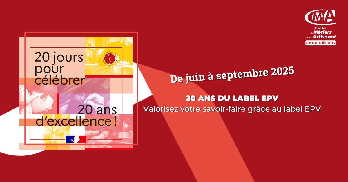 🎉Le label EPV fête ses 20 ans !
1 250 entreprises incarnent l’excellence du savoir-faire. Vous êtes déjà labellisé ? Participez aux événements de juin à septembre ! Dans le cas contraire, la CMA vous accompagne pour l'obtenir.
Infos : swll.to/clQK4Zx
#ArtisanDeVotreVie