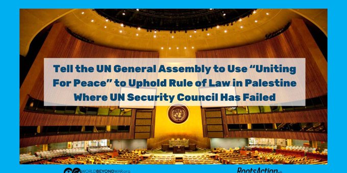 Protect #Gaza 

Res 377  If UNSC because of lack of unanimity  fails to exercise its primary responsibility where there appears to be a threat to the peace, UNGA shall make appropriate recommendations to Members for collective measures, including use of armed force when necessary