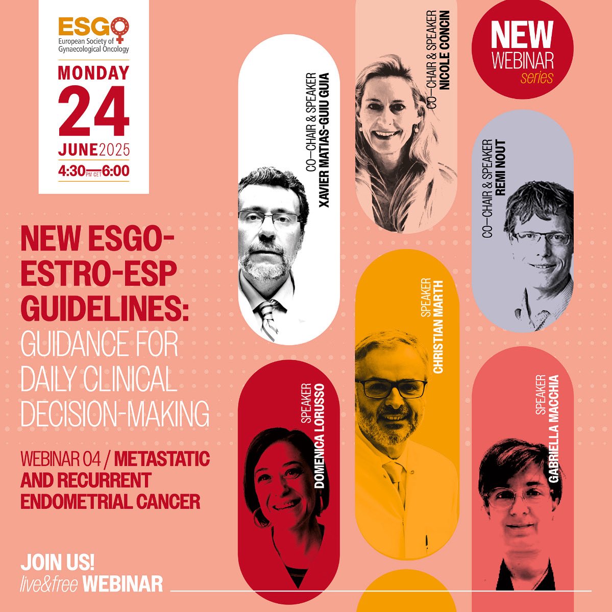 Join our fourth webinar on the updated Endometrial Cancer Guidelines! 🧑‍💻 This time, our expert faculty features Christian Marth, Domenica Lorusso, and Gabriella Macchia discussing how to use the new guidelines in your daily practice, with chairs Nicole Concin 🇦🇹, Remi Nout 🇳🇱 &amp;