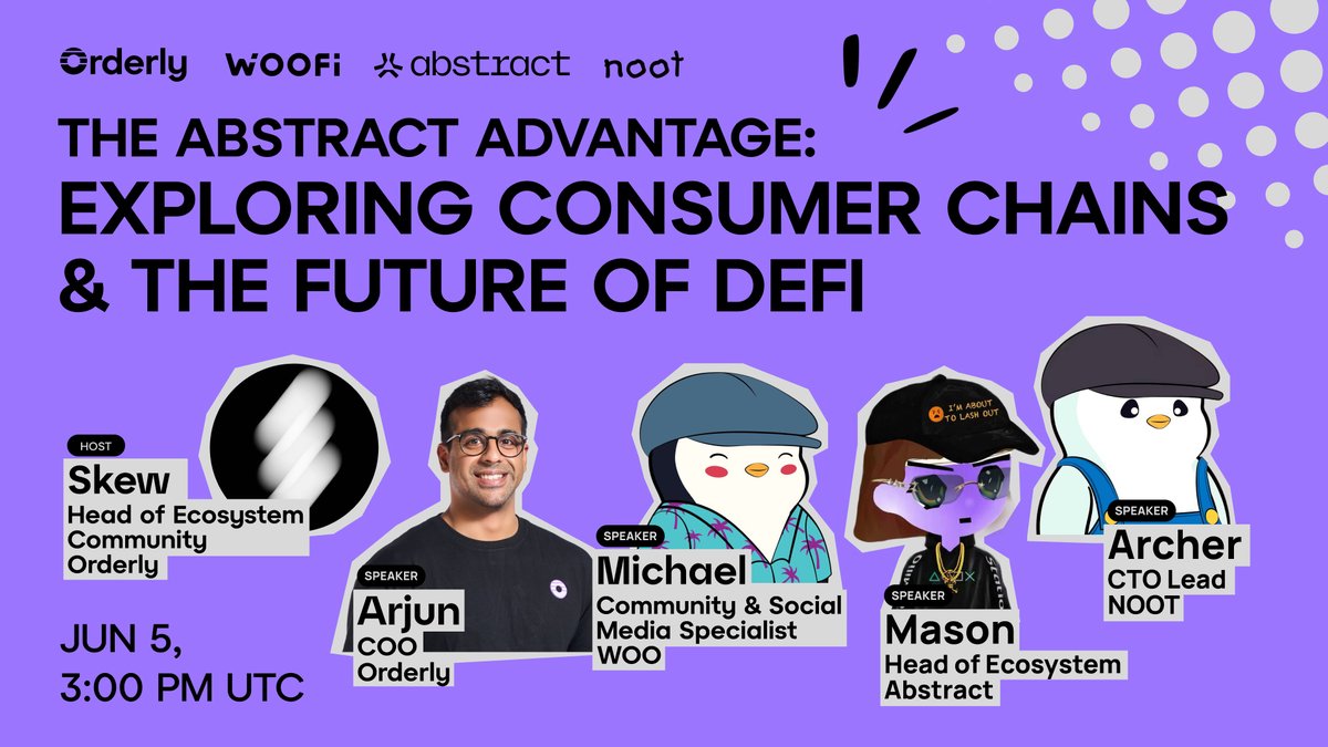 OrderlyNetwork's tweet image. Spaces incoming: The @AbstractChain Advantage

Join us as we explore consumer chains, perps trading and the future of DeFi with @_WOOFi and @nootonabstract!

Hosted by @52kskew, joined by @0x_Arjun, @masoncags, @Duldul_Capital, and @archercrypto11.

Link: x.com/i/spaces/1MnGn…