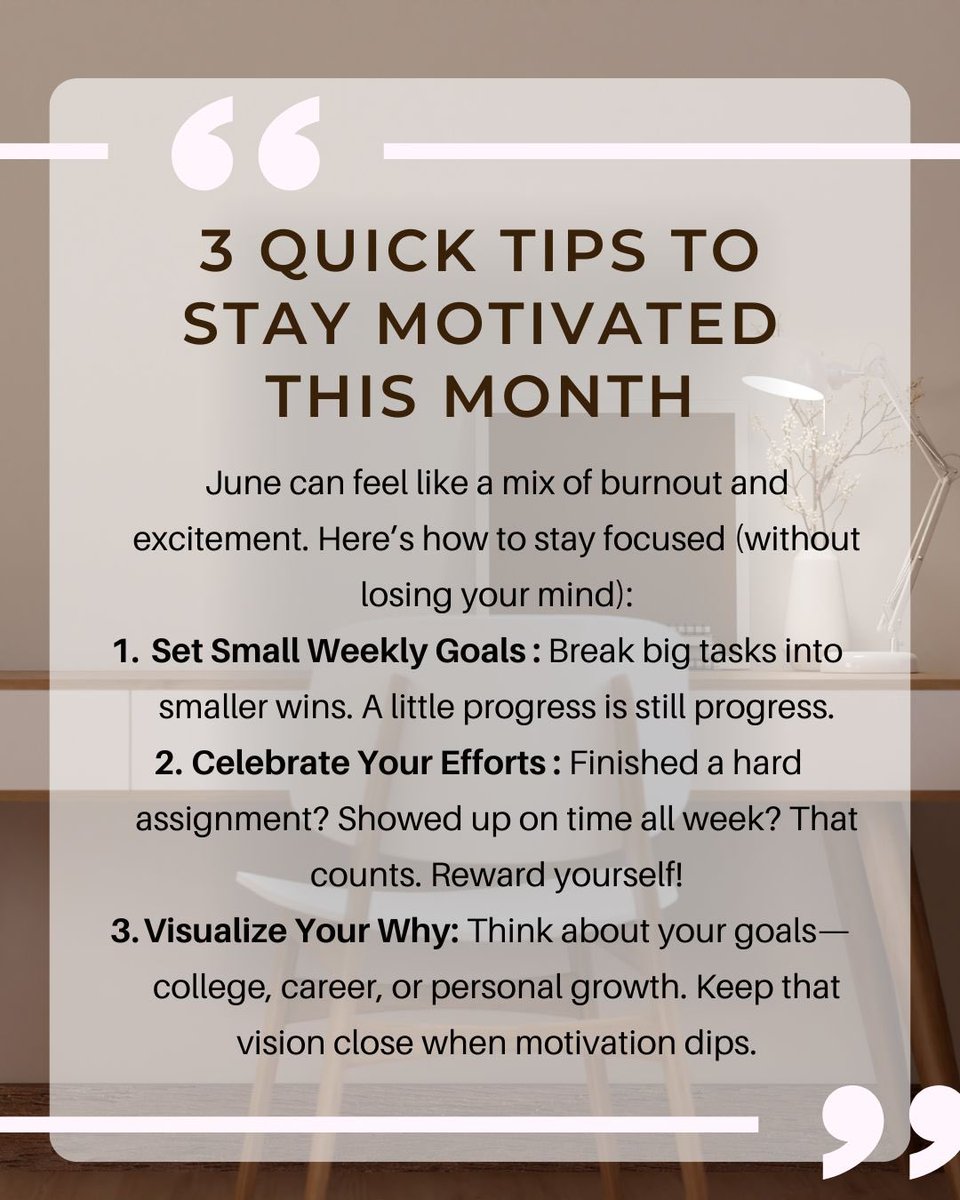 JessAzout's tweet photo. Feeling overwhelmed as the semester wraps up? You’re not alone. ✨
Staying motivated doesn’t always mean doing more—it means doing what matters, with intention. 🧠💪
In this post, we share 3 quick tips to help you stay focused, energized, and aligned with your goals. https://t.co/Ya14tSO1GG