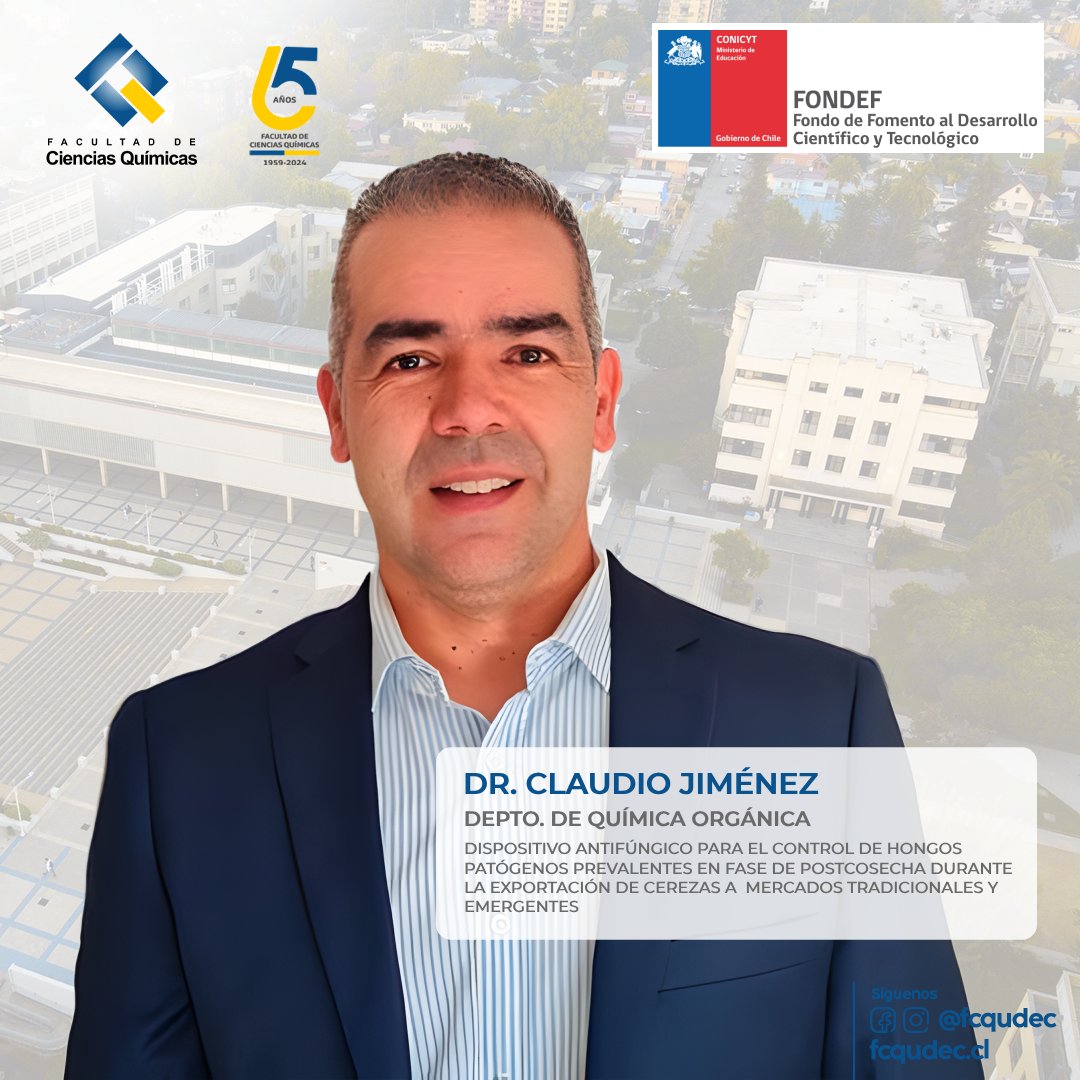 🎉 El Dr. Claudio Jiménez (Depto. de Química Orgánica, Fac. de Cs. Químicas) se adjudicó el proyecto Fondef IDeA 2025:
“Dispositivo antifúngico para cerezas en postcosecha durante la exportación” 🍒
En colaboración con @UDT_UdeC. ¡Felicidades! 👏