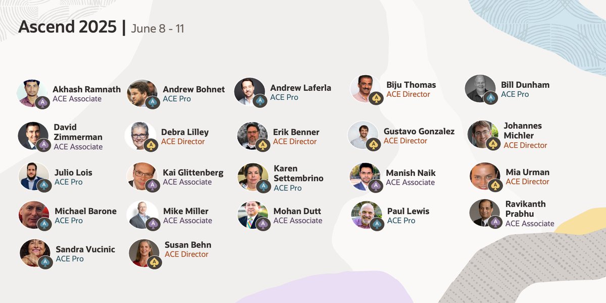 Ascend is the Oracle user community event that unites functional users, IT professionals, and experts for frank discussion and practical education. 🤩 

Whether you’re an IT pro, DBA, accountant, business analyst, or HR professional, book your spot for this amazing event 👉