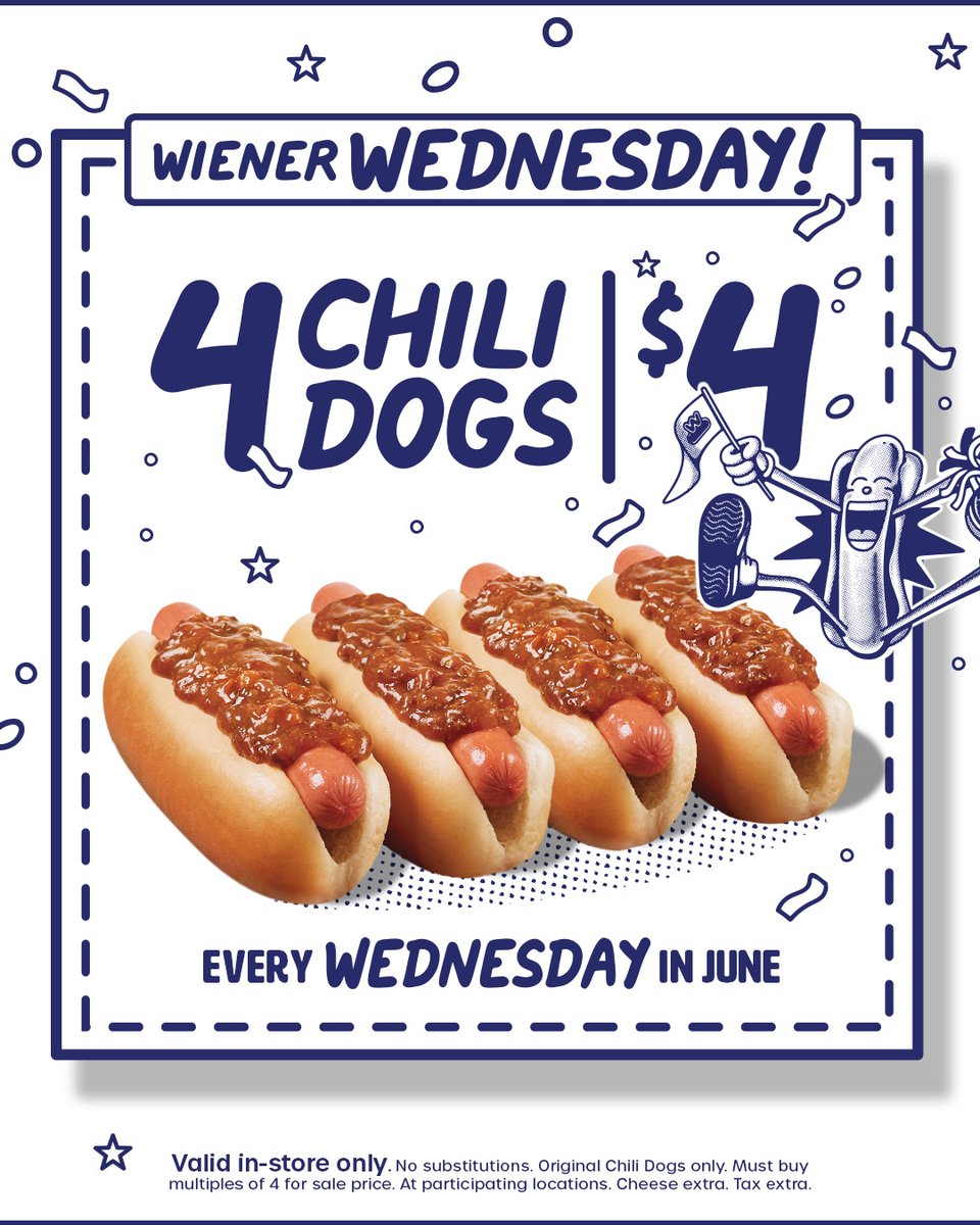 Midweek for the win. The 4 Chili Dogs for $4 deal is back for the month of June.