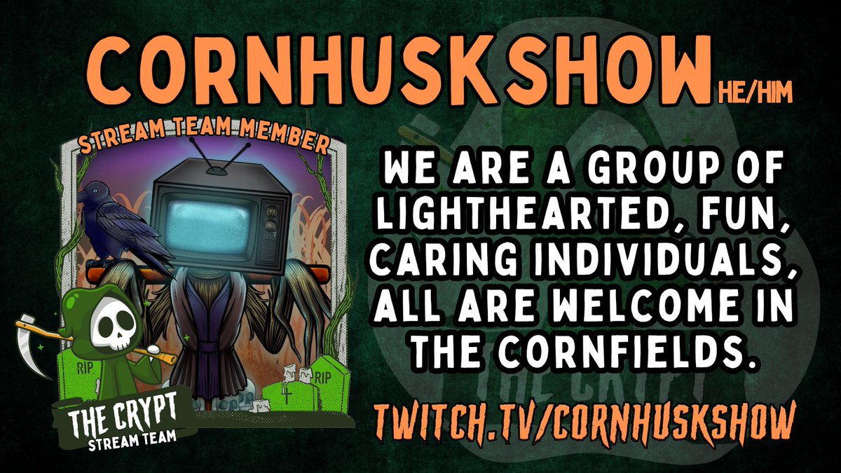 Let’s hear it for <a href="/cornhuskshow/">CornHuskShow| CEO’s of Screams</a>!!
Horror pro, chaos commander, and now part of The Crypt team! Welcome in!
Their streams are a wild ride from start to finish.
Follow him now and join the spooky squad.