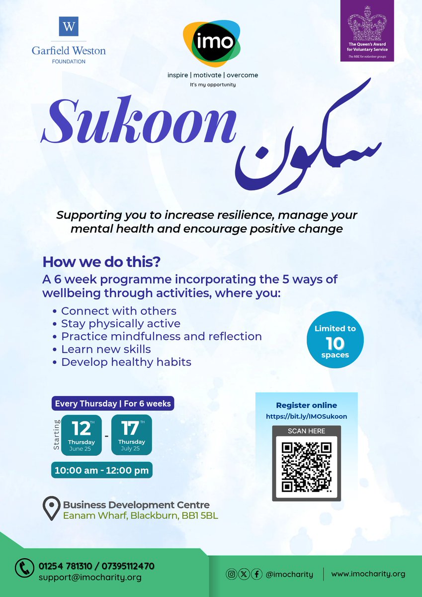 🌿 Introducing Sukoon – a FREE 6-week women’s wellbeing programme by IMO Charity! 🌿
Build resilience, boost mental health &amp; connect with others in a safe, empowering space 💚
🗓 Starts 12 June | 📍 Blackburn
🎟 Only 10 spaces!
Register 👉 bit.ly/IMOSukoon
#MentalHealth