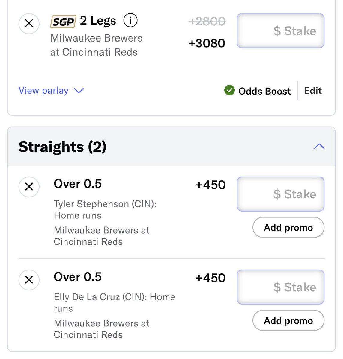 Elly and Stephenson both crushing the ball recently. I don’t love the lineup or I’d do RBI ladders. I trust Stephenson more with the lefty opening and Elly more with the bulk starter. I’ve got some MGM boosts.
3 HRR - .25u
2 TB - .25u (max bet)
HRs - .1u (max bet)