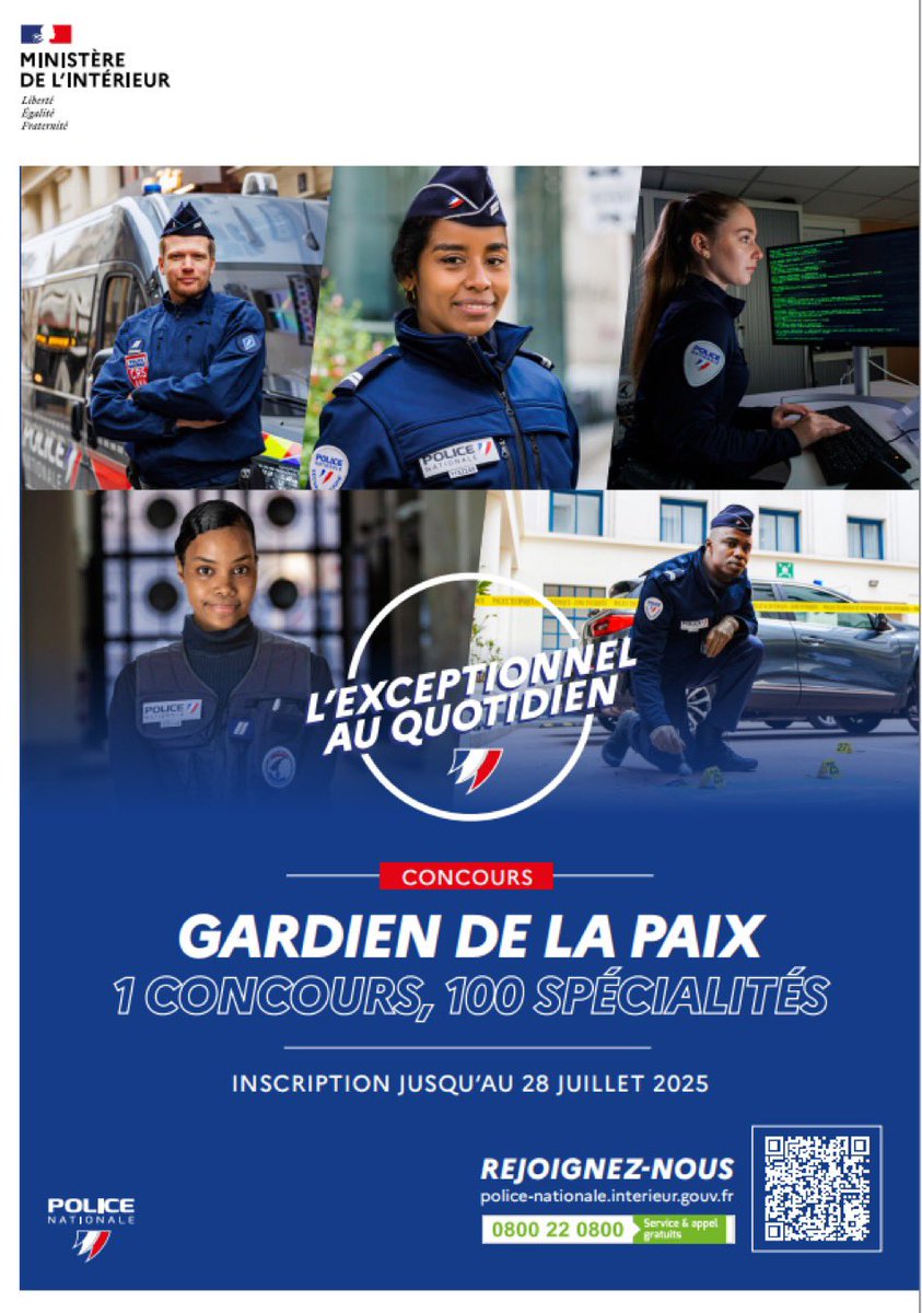 #ChoisirLeServicePublic | 
👮 Envie de vous engager dans un métier qui a du sens ? 
📌 La police nationale recrute, 
devenez #GardienDeLaPaix. Plusieurs milliers de postes sont à pourvoir.
🗓 Inscription au #concours jusqu'au 28 juillet 2025 
➕ d'infos 👉