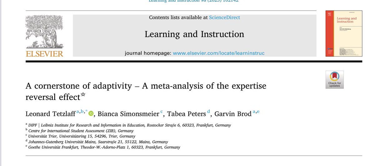 Jattaylor's tweet image. “Low prior knowledge learners learn better from high-assistance instruction…High prior knowledge learners learn better from low-assistance instruction…
The expertise reversal effect is not symmetrical: providing novices with assistance has a stronger effect than withholding…