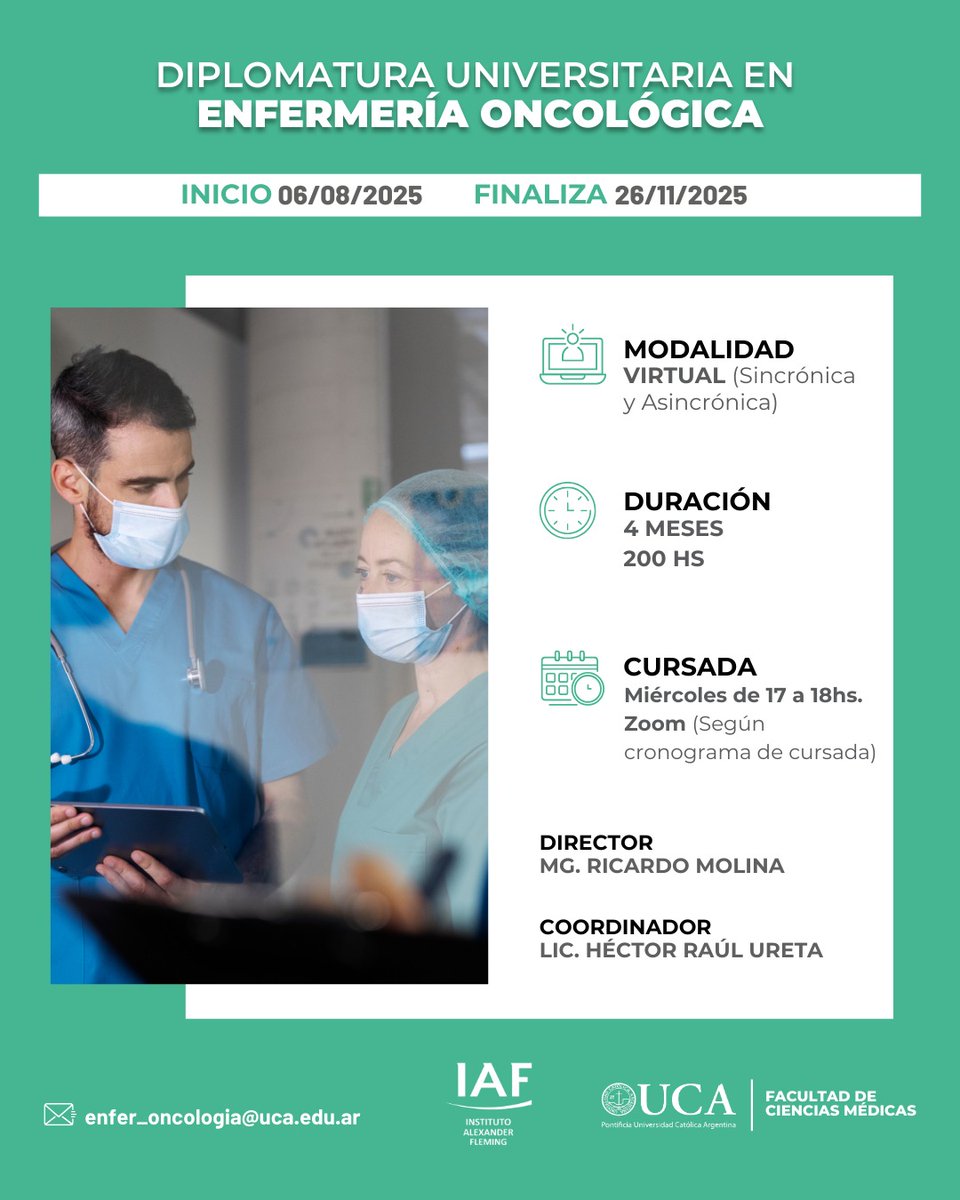 Instituto Alexander Fleming (@iaf_fleming) on Twitter photo Desde #IAF y UCA lanzamos la Diplomatura Universitaria en Enfermería Oncológica
🗓️ Inicio 6 de agosto – Finaliza 26 de noviembre
📚 miércoles 17hs a 18hs
💻 Modalidad: virtual (sincrónica y asincrónica)
⌛ Duración: 4 meses
📧 Inscribite a través de: enfer_oncologia@uca.edu.ar Desde #IAF y UCA lanzamos la Diplomatura Universitaria en Enfermería Oncológica
🗓️ Inicio 6 de agosto – Finaliza 26 de noviembre
📚 miércoles 17hs a 18hs
💻 Modalidad: virtual (sincrónica y asincrónica)
⌛ Duración: 4 meses
📧 Inscribite a través de: enfer_oncologia@uca.edu.ar