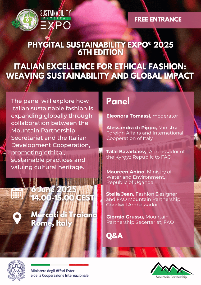 Mountain Partnership (@unmountains) on Twitter photo Happening Friday! “Italian excellence for ethical fashion: Weaving sustainability and global impact”
Learn more ➡️ fao.org/mountain-partn…
#MountainsMatter <a href="/cooperazione_it/">Cooperazione Italiana 🇮🇹</a> Happening Friday! “Italian excellence for ethical fashion: Weaving sustainability and global impact”
Learn more ➡️ fao.org/mountain-partn…
#MountainsMatter <a href="/cooperazione_it/">Cooperazione Italiana 🇮🇹</a>