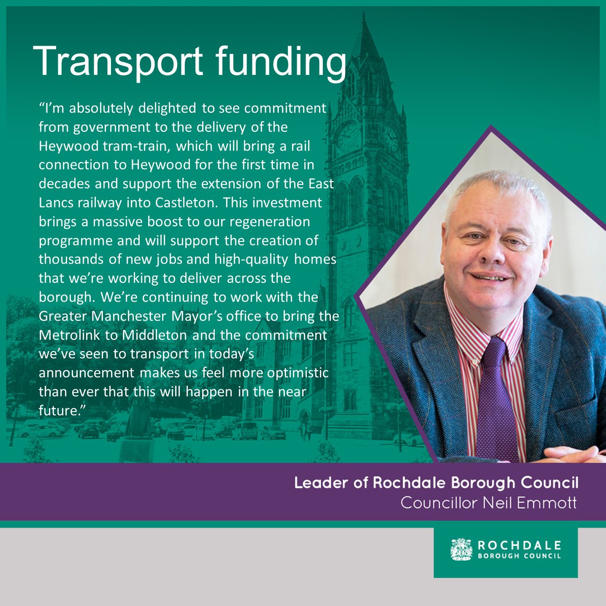 Rochdale Borough Council (@rochdalecouncil) on Twitter photo We're welcoming the fantastic announcement today from <a href="/transportgovuk/">Department for Transport</a> and <a href="/hmtreasury/">HM Treasury</a> to invest £2.5bn into improving public transport infrastructure in Greater Manchester. We're welcoming the fantastic announcement today from <a href="/transportgovuk/">Department for Transport</a> and <a href="/hmtreasury/">HM Treasury</a> to invest £2.5bn into improving public transport infrastructure in Greater Manchester.