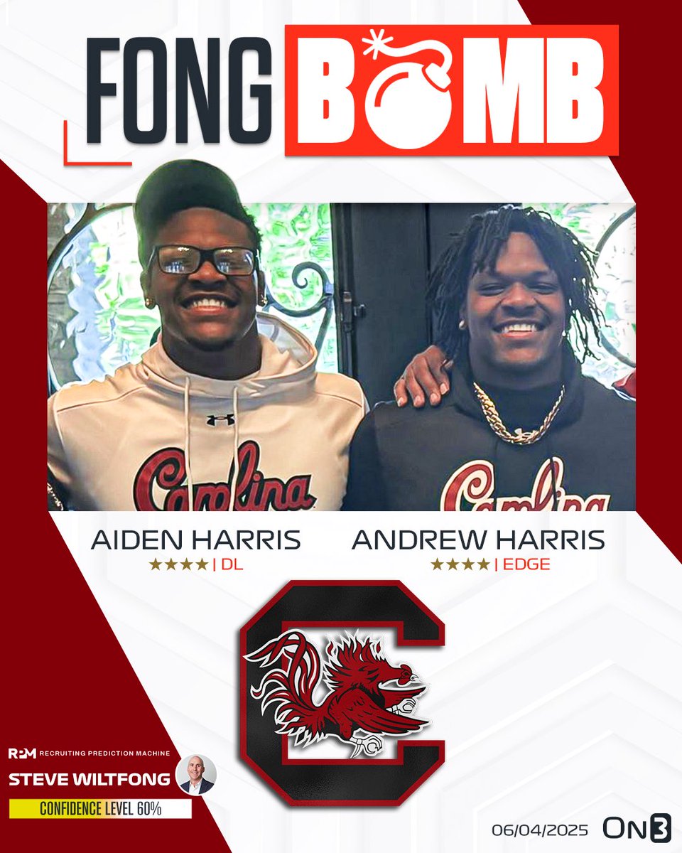 FONG BOMB: On3’s <a href="/SWiltfong_/">Steve Wiltfong</a> has logged expert predictions for South Carolina to land 4-star DL Aiden Harris and his twin 4-star EDGE Andrew Harris🤙

Read: on3.com/news/south-car…