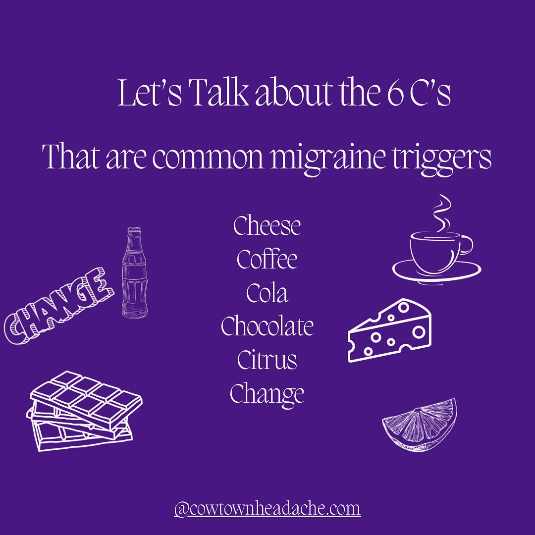 Cowtownheadache's tweet photo. The 6 Cs of Migraine Triggers ✨
Did you know these everyday items and situations might trigger migraines? Let’s break it down:

🧀 Cheese
☕ Coffee
🥤 Cola
🍫 Chocolate
🍋 Citrus
🌦️ Change 

💡 #EndTheStigma | #YouAreNotAlone | #SeekHelp | #MigraineAwareness https://t.co/aNrMKDirOa