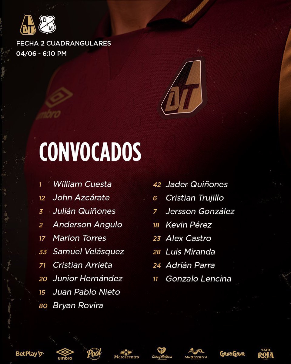 Jhon Azcárate, Anderson Angulo, Jader Quiñones y Luis Miranda son las cuatro novedades en la convocatoria del <a href="/cdtolima/">Club Deportes Tolima</a> para enfrentar hoy al <a href="/DIM_Oficial/">DIM</a>.

No estarán: Fiermarín, convocado por su selección; Jhon Quiñones, Yhormar Hurtado (decisión técnica) y Andrés Arroyo.