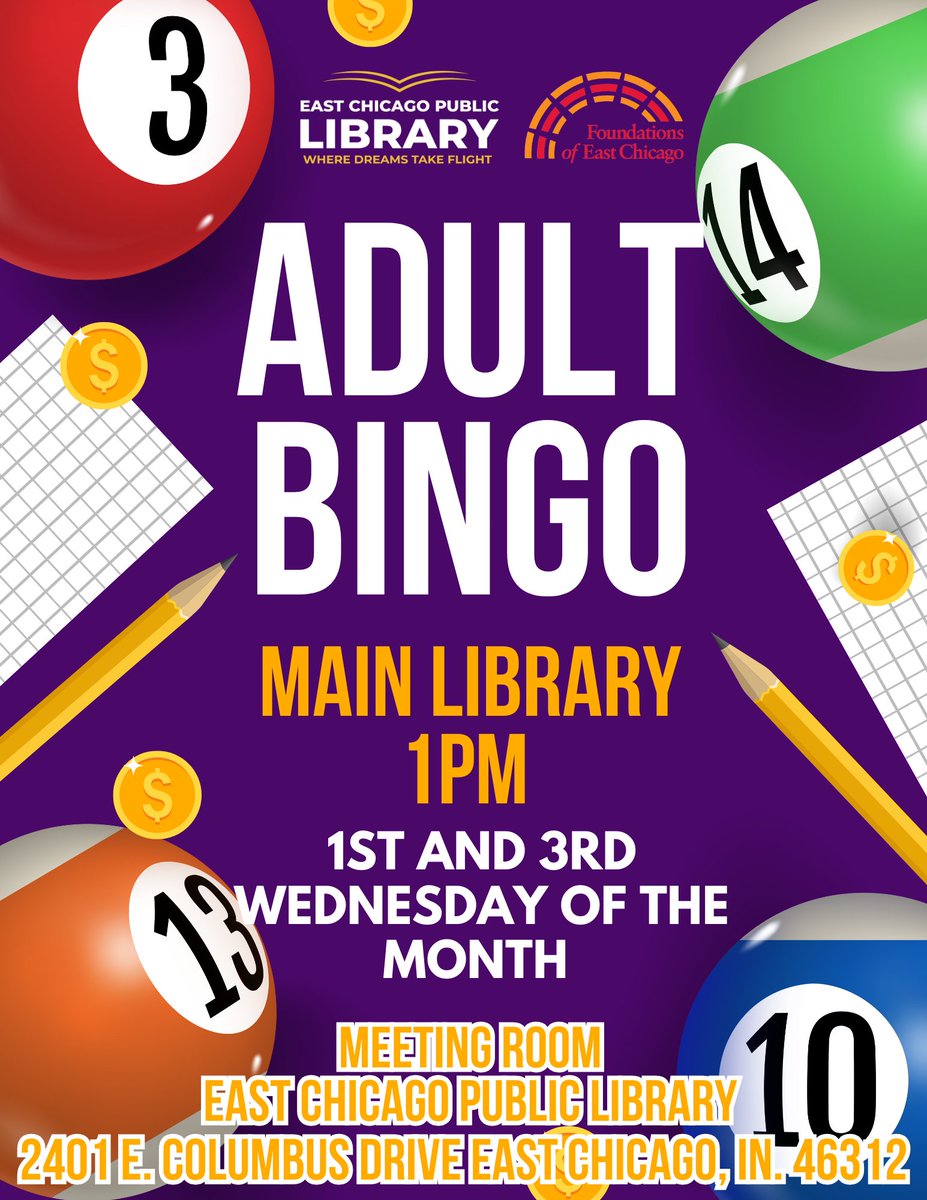 ECPublicLibrary's tweet image. 🎉 BINGO at the Main Library! 🎉
Join us today at 1 PM for a fun-filled game of Bingo at the Main Library! 🏆
🗓️ Bingo happens on the 1st and 3rd Wednesday of each month, so mark your calendars and bring your game face!
#LibraryBingo #CommunityFun #BingoDay #ECPLEvents