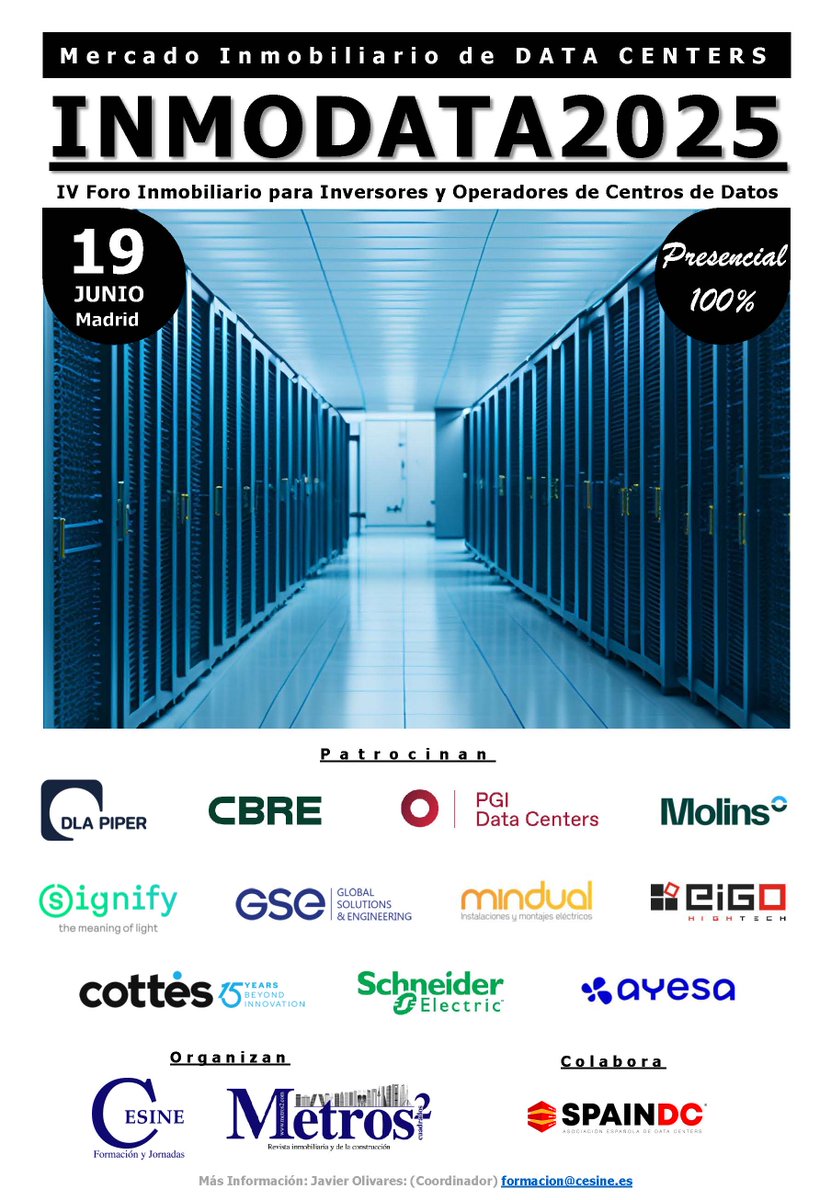 CESINE Formación & Jornadas (@cesineeditorial) on Twitter photo INVERSIÓN, DISEÑO Y CONSTRUCCIÓN DE #DATACENTER . BIENVENIDOS A #INMODATA2025 (IV edición).
La jornada donde reunimos a los profesionales inmobiliarios y de la construcción en el mercado de los CPD
<a href="/DLA_Piper_Spain/">DLA Piper España</a> <a href="/CBRE_es/">CBRE España</a> <a href="/pgiengineering/">PGI ENGINEERING & CONSULTING</a> <a href="/SignifyEspana/">Signify España</a> <a href="/GSEGroup/">GSE</a> <a href="/SchneiderLAM/">Schneider Electric</a> INVERSIÓN, DISEÑO Y CONSTRUCCIÓN DE #DATACENTER . BIENVENIDOS A #INMODATA2025 (IV edición).
La jornada donde reunimos a los profesionales inmobiliarios y de la construcción en el mercado de los CPD
<a href="/DLA_Piper_Spain/">DLA Piper España</a> <a href="/CBRE_es/">CBRE España</a> <a href="/pgiengineering/">PGI ENGINEERING & CONSULTING</a> <a href="/SignifyEspana/">Signify España</a> <a href="/GSEGroup/">GSE</a> <a href="/SchneiderLAM/">Schneider Electric</a>