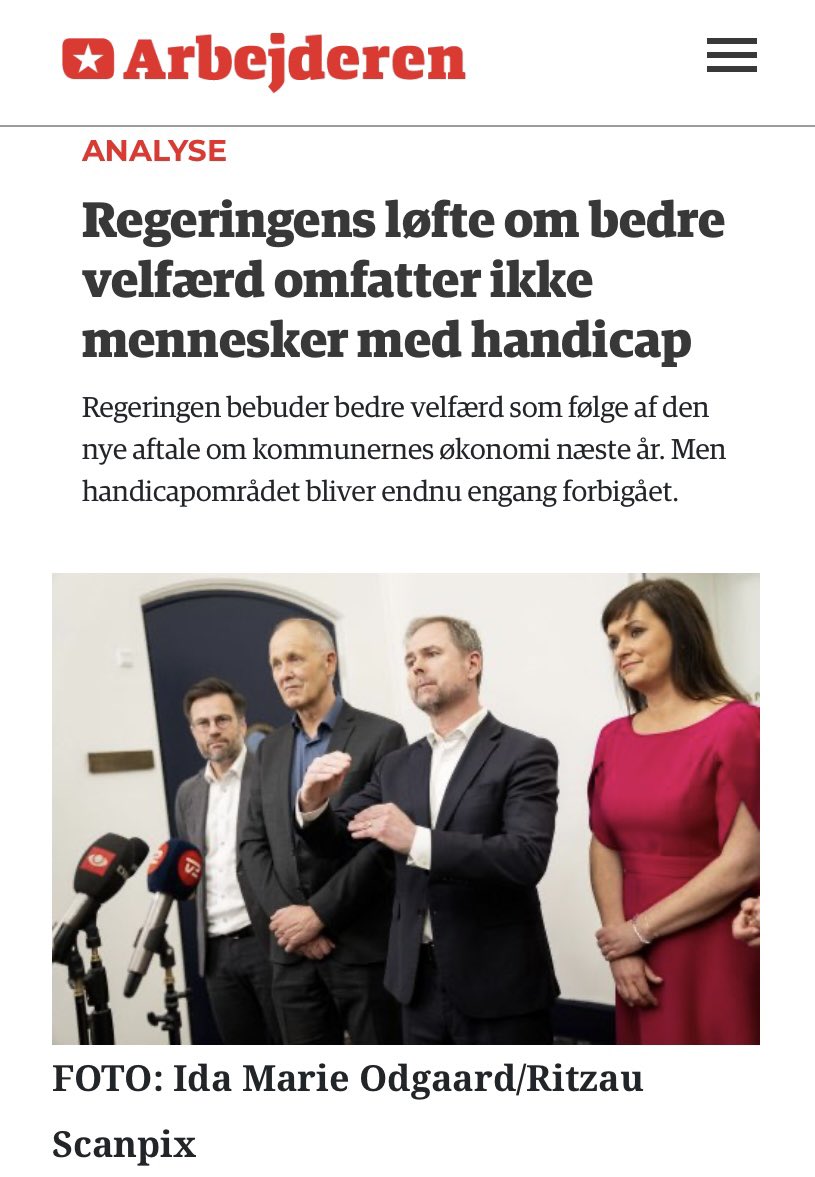 Er citeret i denne artikel!
Det er en skandale, at regeringen og KL arm i arm tramper på mennesker med handicap. Alt for mange får ikke den nødvendige hjælp, og alligevel er retningen: “dæmpe udgiftsvæksten”. 
#enmillionstemmer
 #dkpol 

arbejderen.dk/indland/regeri…