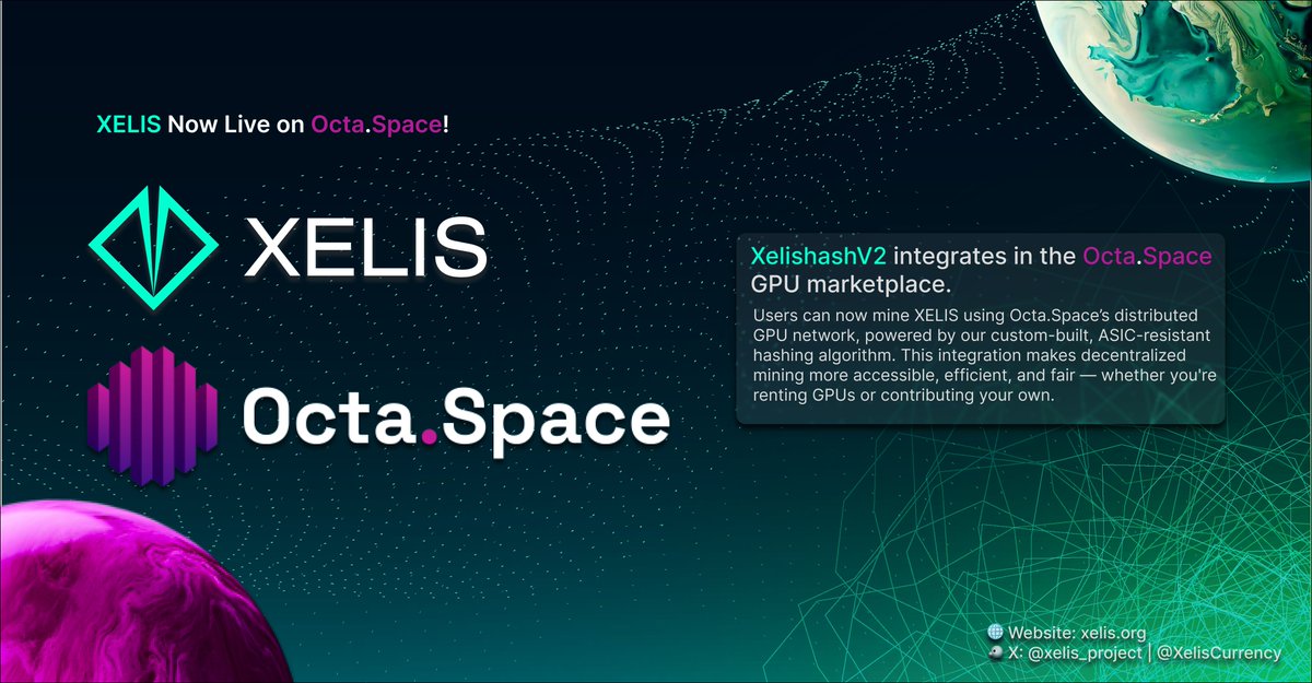 🤝 ICYMI: <a href="/xelis_project/">XELIS</a> has officially partnered with <a href="/octa_space/">OctaSpace</a>!

You can now rent GPU &amp; CPU hashrate on the OctaSpace marketplace to mine $XEL and help secure the Xelis network 🔐💻

Two rising stars in the crypto space — united, stronger together.
Let the #PoW revolution