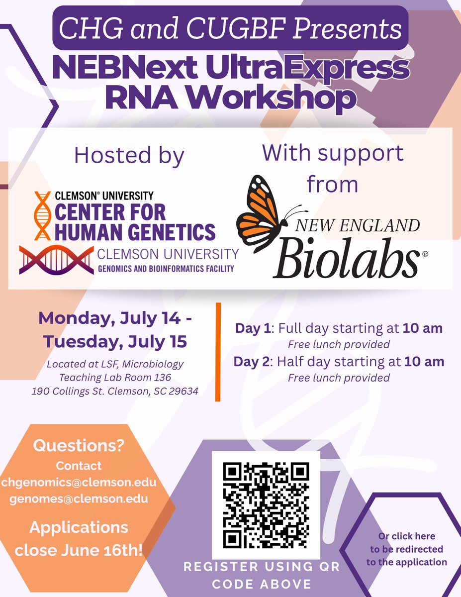 Clemson Center for Human Genetics (@clemsonchg) on Twitter photo In collaboration w/<a href="/ClemsonGenomes/">CU Genomics and Bioinformatics</a> , we proudly present a session of the NEBNext UltraExpress RNA Workshop!🧬Clemson affiliates are welcome to apply using the QR code below. Applications are due June 16th! Please join us to get hands-on RNA-Seq library prep lab experience! In collaboration w/<a href="/ClemsonGenomes/">CU Genomics and Bioinformatics</a> , we proudly present a session of the NEBNext UltraExpress RNA Workshop!🧬Clemson affiliates are welcome to apply using the QR code below. Applications are due June 16th! Please join us to get hands-on RNA-Seq library prep lab experience!