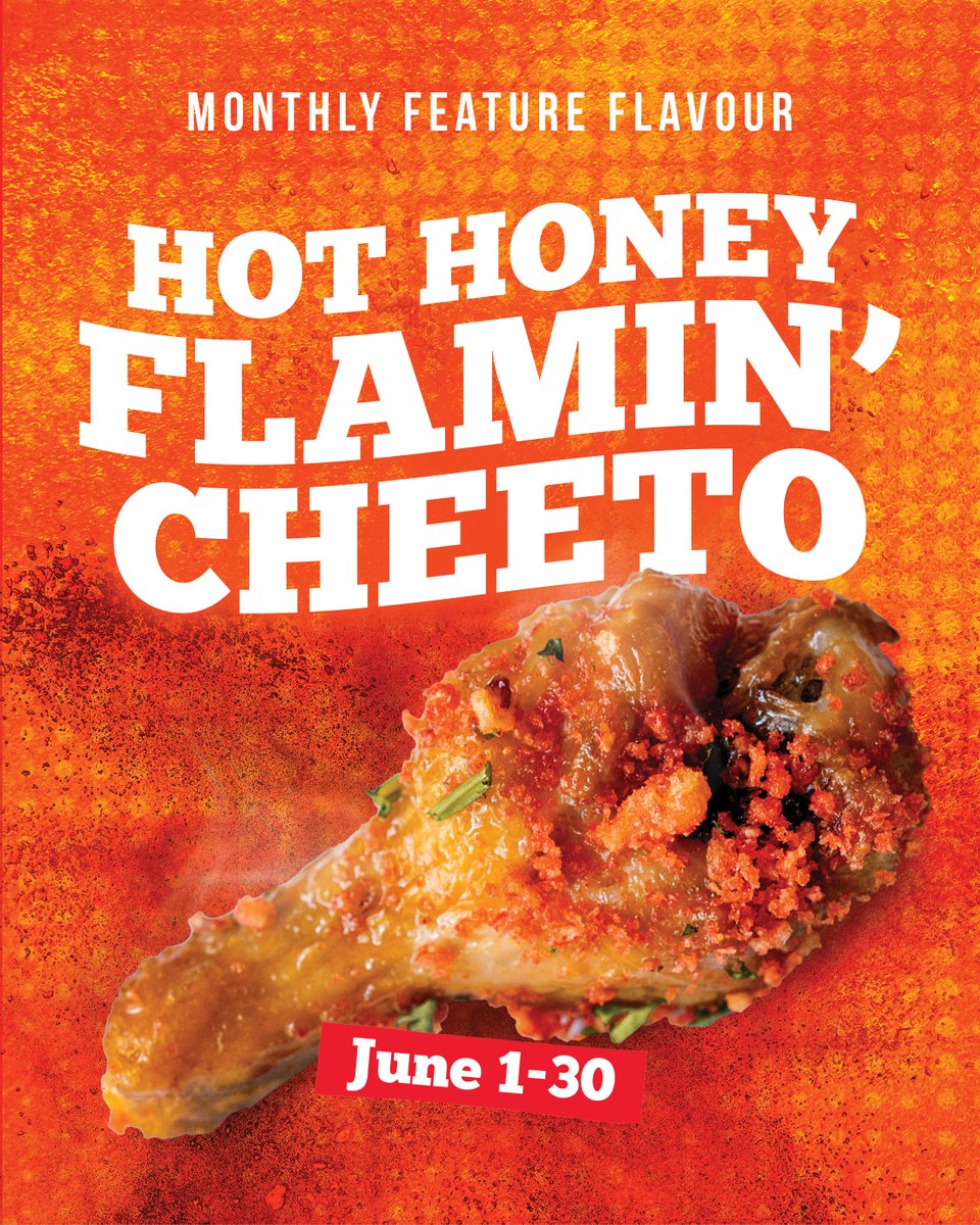 ⚡HOT HONEY FLAMIN' CHEETO⚡

Our feature flavour this month is a house-made hot honey topped with Flamin' Hot Cheetos! Available EVERYDAY in June on wings and chicken fingers. Available for half-priced wings every Wednesday from 2pm-close!