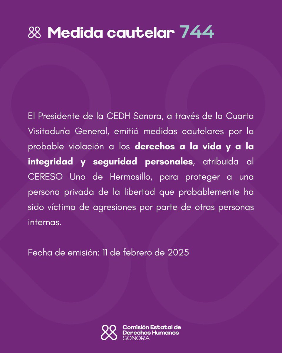 El Presidente de la CEDH Sonora emitió las #MedidasCautelares 741 a 744, para proteger a cuatro PersonasPrivadasdelaLibertad,  una que requiere atención médica urgente, dos que probablemente ya cumplieron su sanción penal y deben ser puestas en libertad y otra que probablemente
