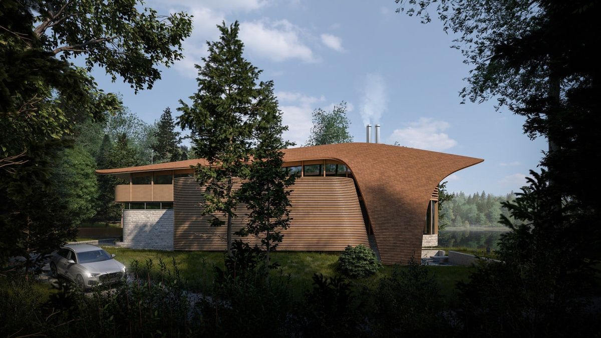 Architizer's tweet photo. This off-grid residence uses a sweeping leaf-like roof and limestone base to echo the landscape and form a low-impact, site-specific shelter.

📍Collingwood, Canada

Project by: Omar Gandhi Architects
Details: https://t.co/bNLi8fqGyl https://t.co/dbmIGcwAgZ