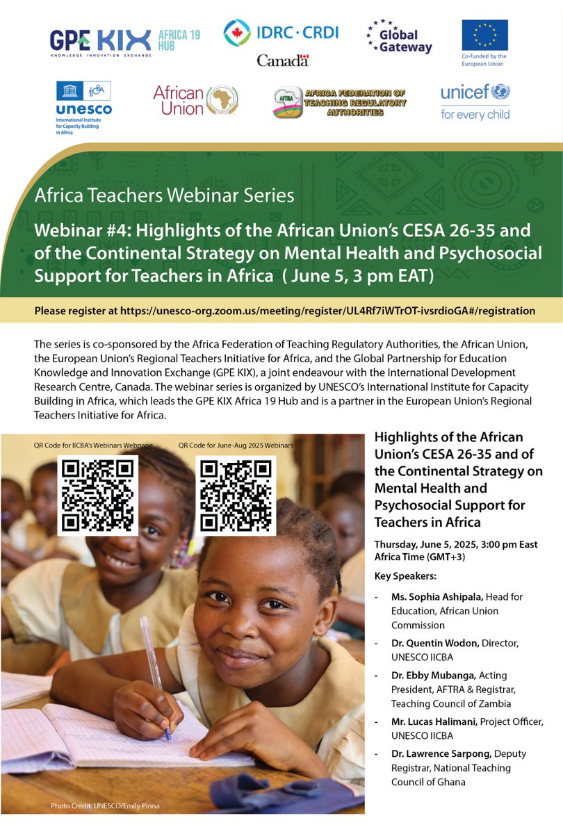 KIX Afrique 21 (@kixafrique21) on Twitter photo 📣 #webinaire #KIXAfrica19 sur les stratégies continentales d'éducation pour l'Afrique 2026-2035, et la santé mentale pour les enseignants
📅Jeudi 5 juin 2025
🕒 12h-14h UTC
🌍 Zoom : lnkd.in/duT3uGPn
<a href="/GpeKix/">GPE KIX</a> <a href="/IDRC_CRDI/">IDRC | CRDI</a> <a href="/EU_Commission/">European Commission</a> <a href="/UNESCOIICBA/">UNESCO IICBA</a> <a href="/_AfricanUnion/">African Union</a> <a href="/UNICEF/">UNICEF</a> 📣 #webinaire #KIXAfrica19 sur les stratégies continentales d'éducation pour l'Afrique 2026-2035, et la santé mentale pour les enseignants
📅Jeudi 5 juin 2025
🕒 12h-14h UTC
🌍 Zoom : lnkd.in/duT3uGPn
<a href="/GpeKix/">GPE KIX</a> <a href="/IDRC_CRDI/">IDRC | CRDI</a> <a href="/EU_Commission/">European Commission</a> <a href="/UNESCOIICBA/">UNESCO IICBA</a> <a href="/_AfricanUnion/">African Union</a> <a href="/UNICEF/">UNICEF</a>