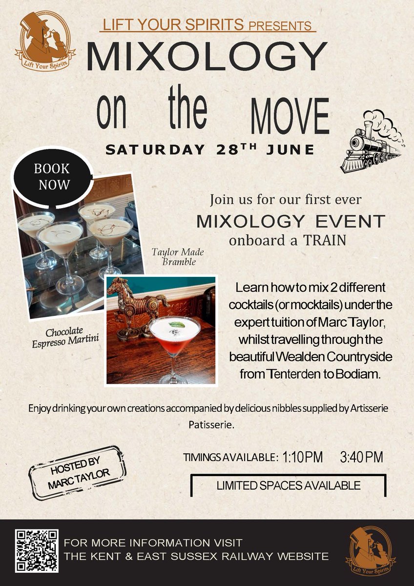 KandESRailway's tweet photo. 🍸🚂 All aboard for cocktails!
Join us Sat 28 June for Mixology on the Move – our first-ever cocktail masterclass on a moving train! 
✨ 2 cocktails (or mocktails)
🍰 Gourmet nibbles
👨‍🔬 Hosted by @LiftYourSpirits
🎟️ Limited seats – book now:
👉 https://t.co/OnAkk5f3ud https://t.co/0ZGAR4ohEB