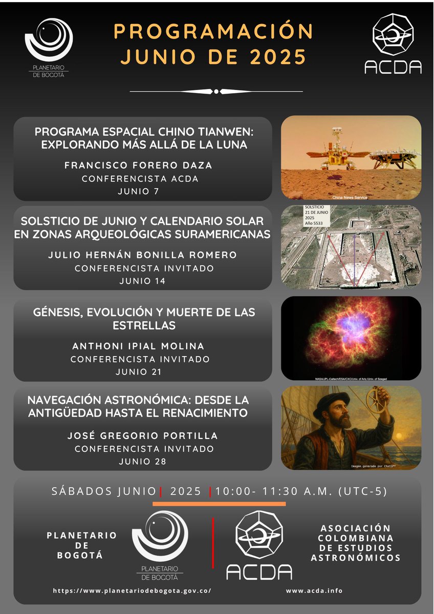 Presencial
PLANETARIO DE BOGOTA
AUDITORIO - ENTRADA LIBRE

Transmitido en directo
PLATAFORMAS VIRTUALES ACDA

YouTube
youtube.com/channel/UC-b4e…

Facebook live
facebook.com/ACDA-103185229…

Twitch
twitch.tv/acda_col/sched…..

facebook.com/share/p/19P6d8…
