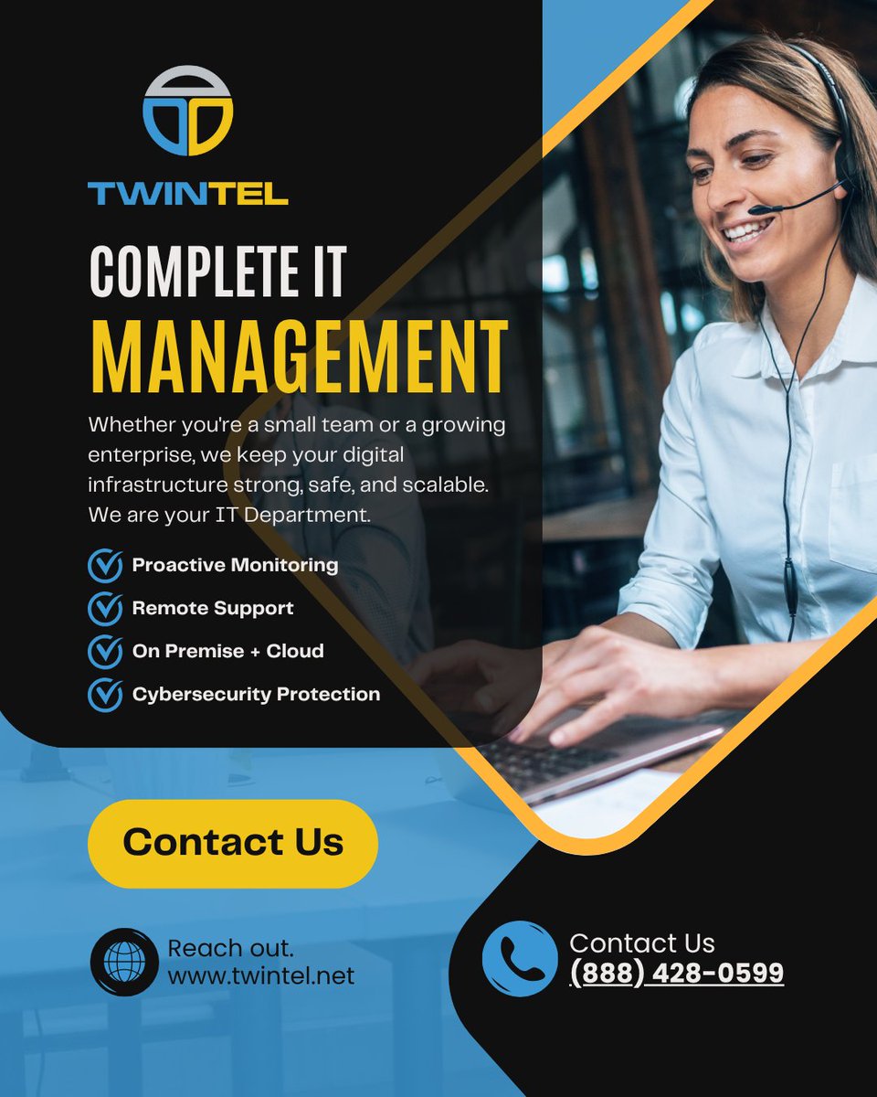 Total IT peace of mind. TWINTEL fully manages your tech—networks, security, support, and strategy—so you can focus on growth.

Visit us to learn more: twintel.net/managed-it/

 #ManagedIT #CyberSecurity #BusinessIT