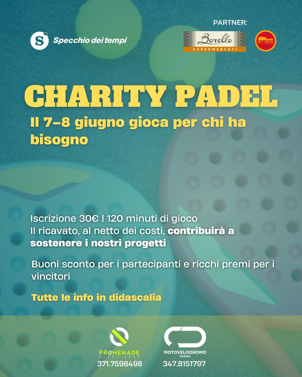🎾 Hai già scelto il tuo campo?
Il 7 e l’8 giugno si gioca per qualcosa di più grande: un torneo di padel solidale per sostenere i progetti di Specchio dei tempi.

Prenota il tuo campo via app Wansport o chiama:

 📞 Motovelodromo: 347 815 1797
 📞 Promenade: 371 759 8498