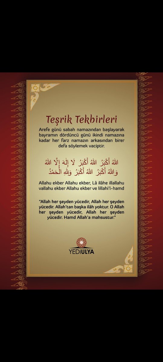 Arefe günü sabah namazı ile başlayıp bayramın 4. günü ilkindi namazı ile biter.