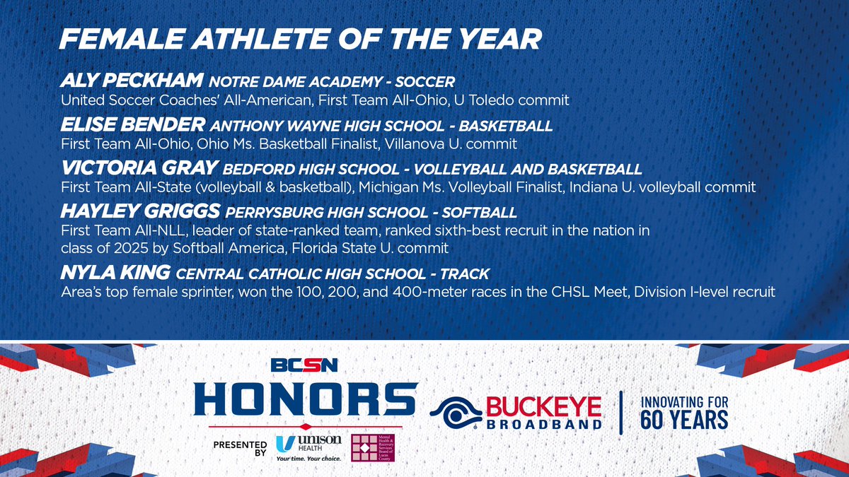 The 2025 BCSN Honors are this Sunday! Check out our nominees for Female Athlete of the Year! 👀
<a href="/NDAEagleSports/">NDA Athletics</a> | <a href="/AWGenerals1/">AW Athletics</a> | <a href="/MichMule/">Bedford Sports</a> | <a href="/PburgAthletics/">Perrysburg Athletics</a> | <a href="/CCHSIrishSports/">CCHS Athletics</a> 
Presented by <a href="/UnisonHealthTol/">Unison Health Toledo</a> &amp; <a href="/MHRSBofLucasCO/">MHRSB of LucasCounty</a>