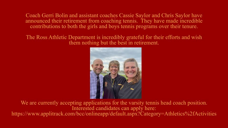 Justin Beck (@rossramsad) on Twitter photo Coach Gerri Bolin has announced her retirement as the head coach of <a href="/rossramstennis/">Ross Rams Tennis</a> . We are currently accepting applications for the head coach position. Interested individuals can apply here: applitrack.com/bcc/onlineapp/β¦ #GoRAMS <a href="/RossRams1/">Ross High School</a> <a href="/SWBLSPORTS/">Southwestern Buckeye League</a> <a href="/TheReportOhio/">π»ππ πΉπππππ πΆπππ</a> Coach Gerri Bolin has announced her retirement as the head coach of <a href="/rossramstennis/">Ross Rams Tennis</a> . We are currently accepting applications for the head coach position. Interested individuals can apply here: applitrack.com/bcc/onlineapp/β¦ #GoRAMS <a href="/RossRams1/">Ross High School</a> <a href="/SWBLSPORTS/">Southwestern Buckeye League</a> <a href="/TheReportOhio/">π»ππ πΉπππππ πΆπππ</a>