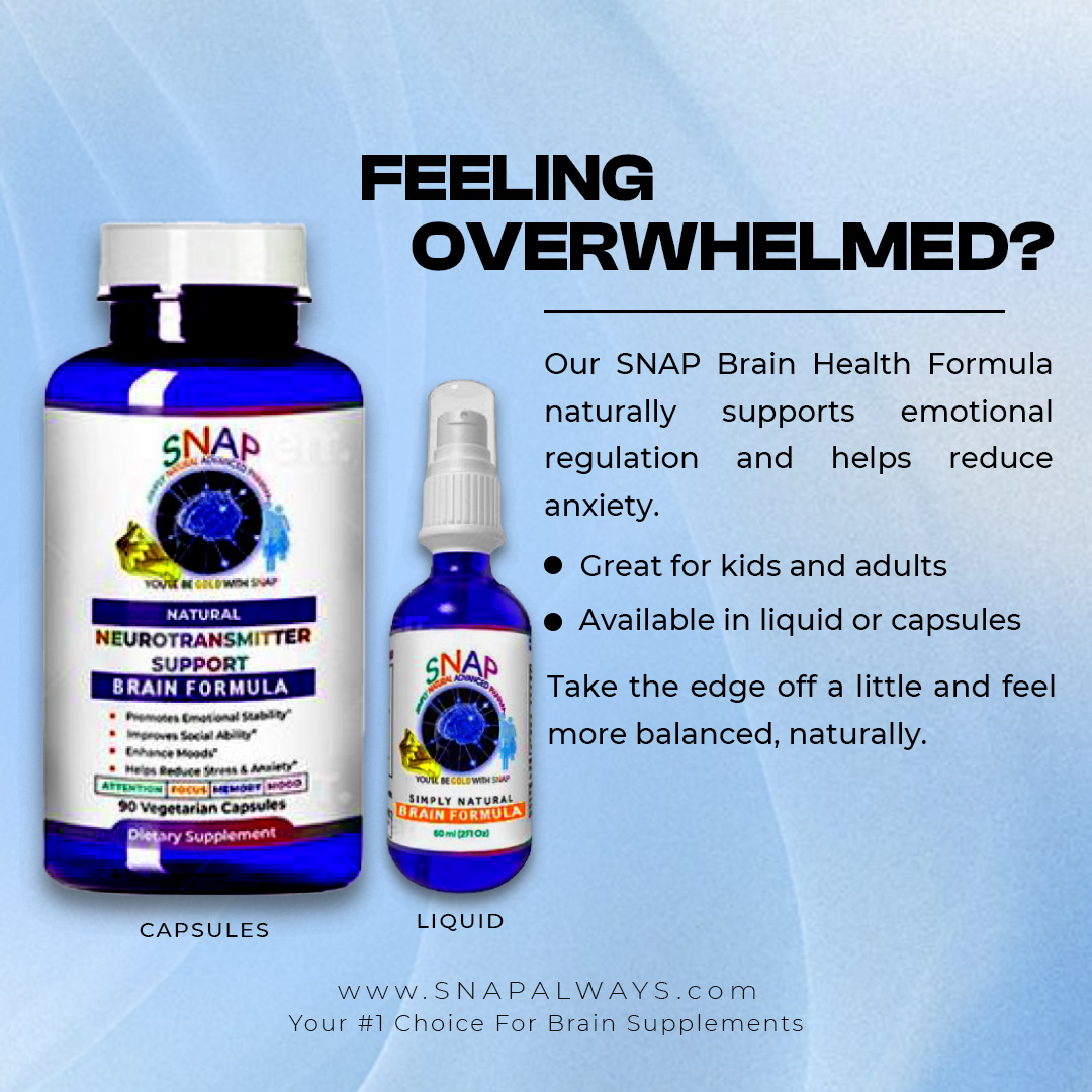 Overwhelmed by stress? Achieve tranquility with SNAP! 🌿 Our powerful natural blend expertly alleviates stress, bringing emotional stability to children and adults alike. Opt for either liquid or capsules and reclaim your peace. 

#NaturalCalm #FeelBalancedNaturally