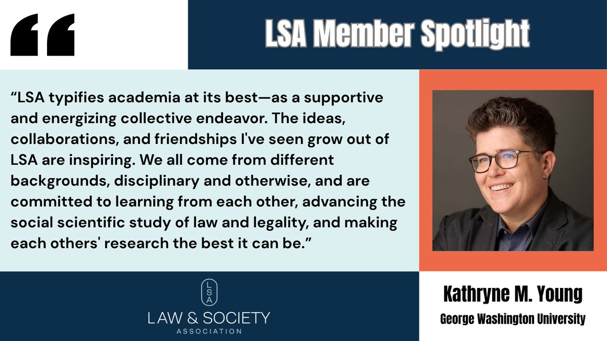 Our member spotlight for the month of June is outgoing #LSA Secretary and <a href="/gwlaw/">GW Law</a> Professor <a href="/kathrynemyoung/">Kathryne Young</a>! 

Learn more about her career studying #AccessToJustice and #LegalConsciousness here: bit.ly/LSAYoung