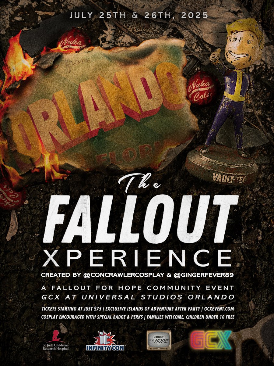 FalloutForHope's tweet image. We're bringing the Fallout + The Elder Scrolls communities to Universal Studios Orlando next month!
Join us for an incredible destination experience: @GCXEvent.
Cosplay, panels, + celebrities for @StJude
A fan-organized, community-driven gathering like no other.
Tickets 🔗👇