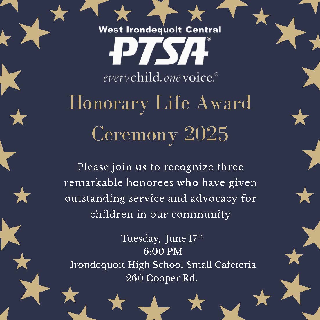 SAVE THE DATE! Three individuals will be honored by the West Irondequoit Central PTSA, bestowing the greatest honor that a PTSA can give. The annual Honorary Life Ceremony is 6 PM on Tuesday, June 17th in the small cafeteria at IHS.

<a href="/wicptsa/">West Irondequoit Central PTSA</a>