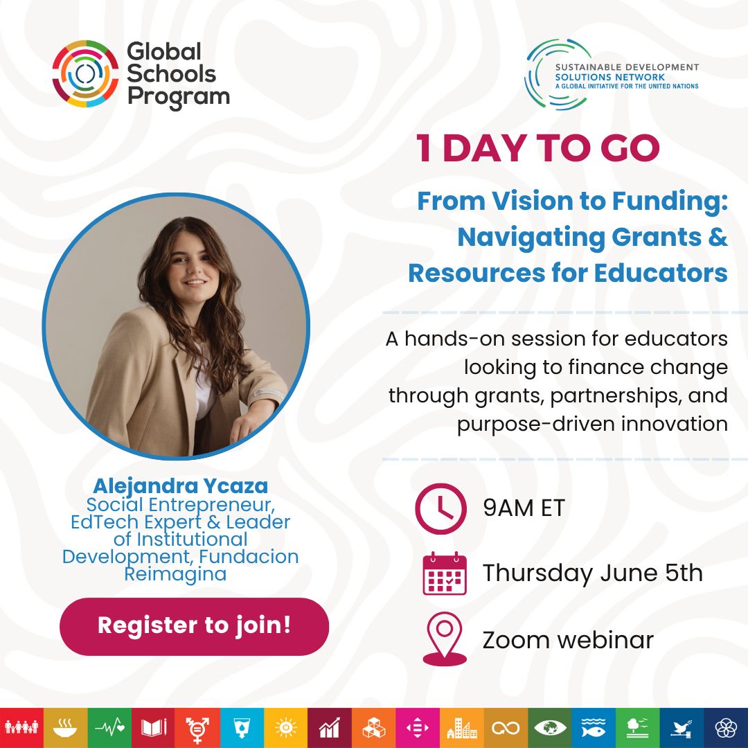 SDGsInSchools's tweet photo. 🚀 1 day to go!
Join us tomorrow for an inspiring PD session with Alejandra Ycaza. Learn how to turn bold ideas into fundable education initiatives. 🌍💡

🗓️ June 5
🕘 9AM ET
🔗 https://t.co/rpnRrpgAeW

#GlobalSchools #ESD #PDSession #FundingForEducators #EducationInnovation https://t.co/DeBL00ApGy