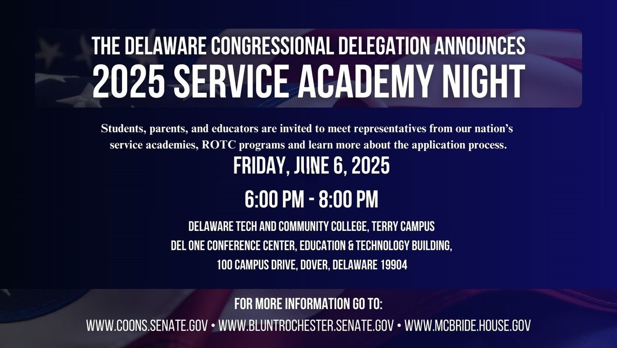 Senator Chris Coons (@chriscoons) on Twitter photo Save the dateš¢š Join me on June 6 for Service Academy Night to learn how to apply to one of our nationās military service academies. <a href="/SenLBR/">Senator Lisa Blunt Rochester</a>, <a href="/Rep_McBride/">Congresswoman Sarah McBride</a>, and myself look forward to meeting you. More info belowā¬ļø Save the dateš¢š Join me on June 6 for Service Academy Night to learn how to apply to one of our nationās military service academies. <a href="/SenLBR/">Senator Lisa Blunt Rochester</a>, <a href="/Rep_McBride/">Congresswoman Sarah McBride</a>, and myself look forward to meeting you. More info belowā¬ļø