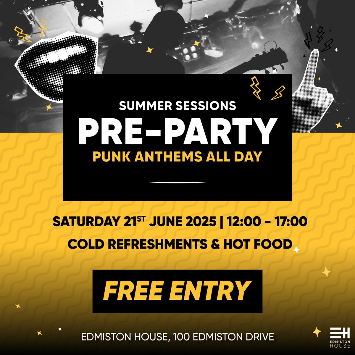 Getting ready for @smmrsessions?🌞

Join us for a #SummerSessions Pre-Party on 21st June! Punk anthems, hot food &amp; cold drinks-FREE ENTRY!🍔🥤

Pre-book your parking advance (just 10 mins walk!) We offer parking for cars, 4x4s, minibuses &amp; coaches.

BOOK👉 edmistonhouse.co.uk