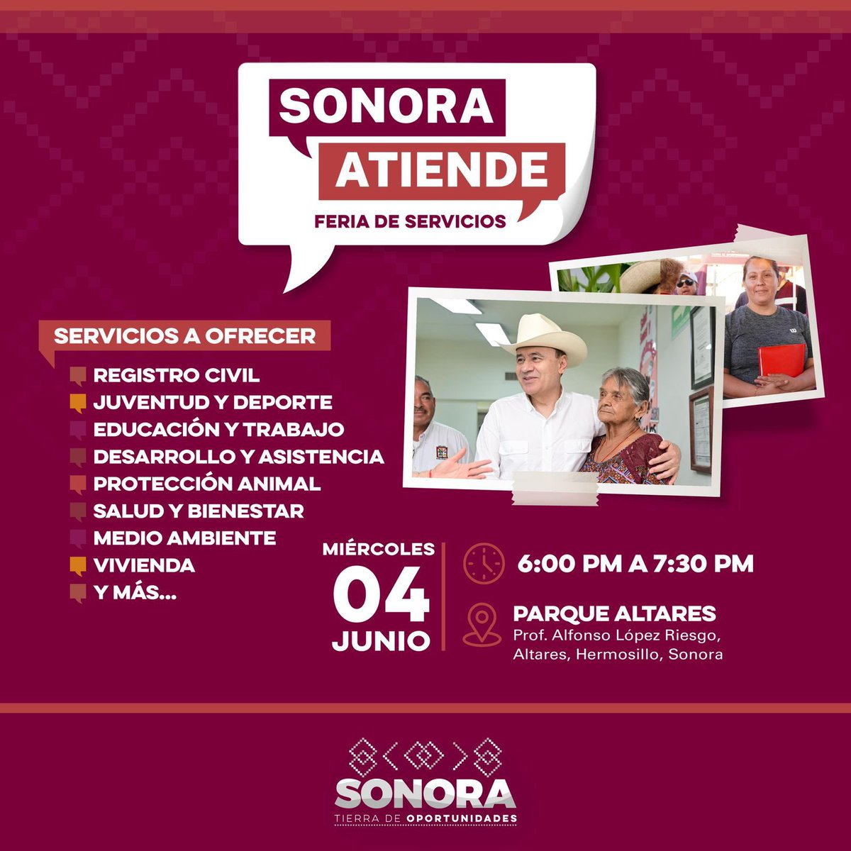 🟠 ¡Esta semana, Sonora te atiende!, aprovecha los servicios gratuitos que tenemos para ti.

🗓️ Miércoles 4 de junio 
⏱️ 6:00 p.m. a 7:30 p.m.
📍 Parque Altares

¡Te esperamos en la feria de servicios! 🙌🏼