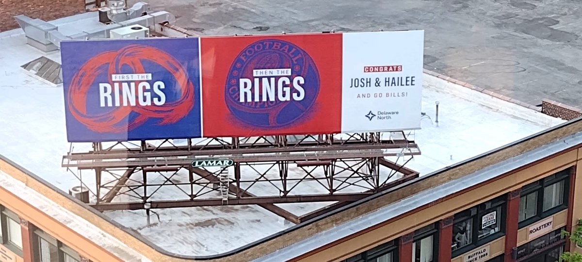 💍 First the rings…
🏈 Then the RINGS?!
Shoutout to Josh &amp; Hailee — love is in the air and on the billboard! Congrats from Buffalo… now let’s go get that Super Bowl ring! <a href="/delawarenorth/">Delaware North</a> bringing the love! <a href="/BuffaloBills/">Buffalo Bills</a> <a href="/LamarOOH/">Lamar Advertising</a>