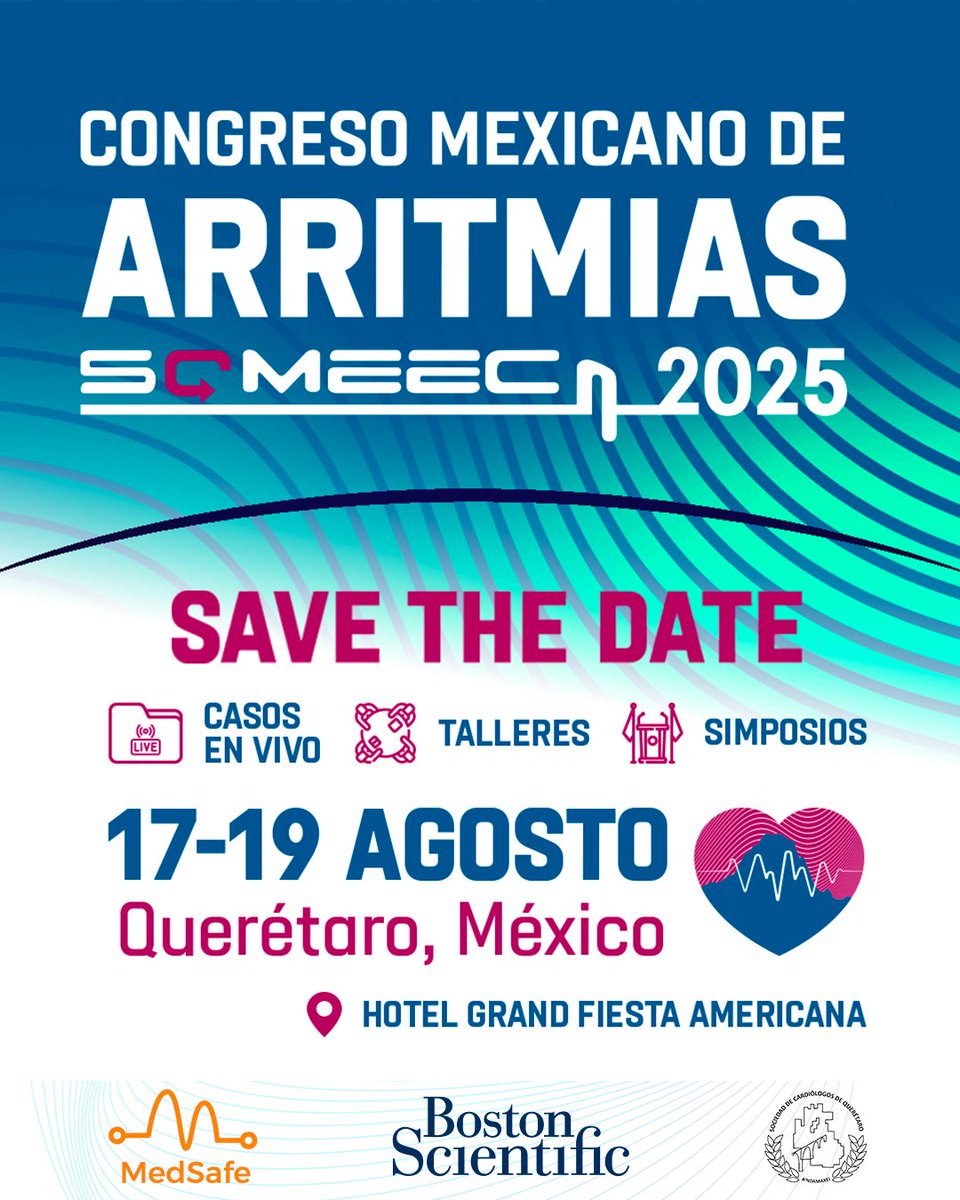 🗓 ¡𝗔𝗽𝗮𝗿𝘁𝗮 𝗹𝗮 𝗳𝗲𝗰𝗵𝗮!
 Congreso Mexicano de Arritmias 2025. 
Tres días de ciencia, tecnología y networking al ritmo del corazón. 🫀
📍Querétaro | 17–19 de agosto 2025
#ArritmiasMX2025 #SOMEEC #Electrofisiología #CongresoCardiología #RitmoCardíaco  #QuerétaroTeEspera
