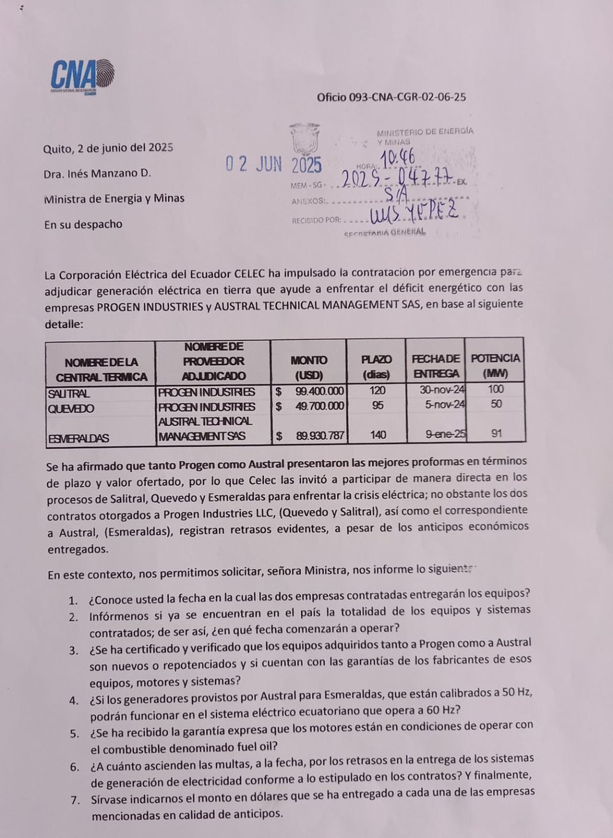 🛑 La Comisión Nacional Anticorrupción solicitó a la ministra de Energía y Minas la información correspondiente sobre los contratos que efectuó Celec, en el año 2024, con las empresas Progen y Austral.
