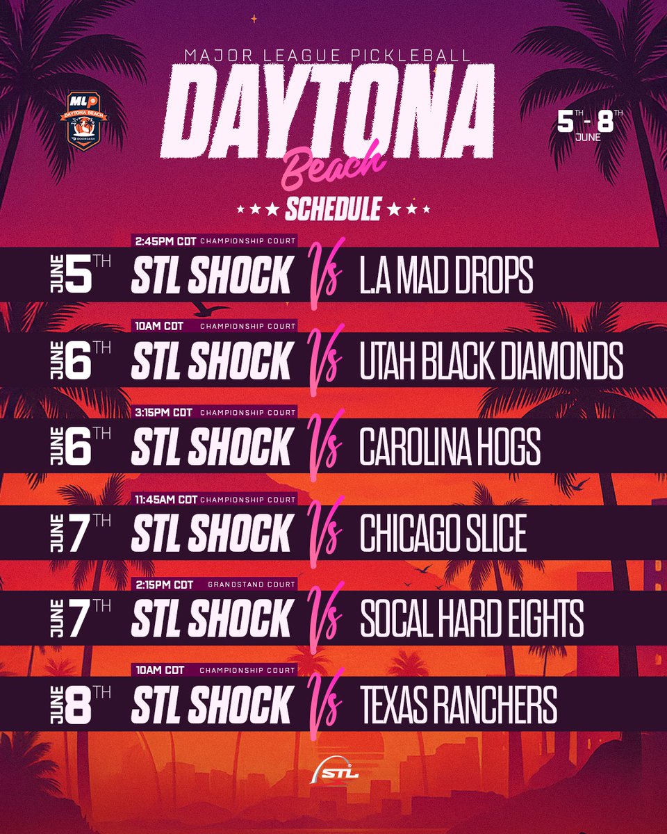 St. Louis Shock® | Major League Pickleball (@stlshockmlp) on Twitter photo All gas, no breaks. Welcome to the Shock Show Daytona 🏎️ 🏁Join us this Thursday June 5th - Sunday June 8th for MLP’s return to Daytona Beach 🏝️
Let’s Ride. <a href="/MajorLeaguePB/">Major League Pickleball</a>
#Pickleball #MLP #MLPDAYTONA #RefuseToLose All gas, no breaks. Welcome to the Shock Show Daytona 🏎️ 🏁Join us this Thursday June 5th - Sunday June 8th for MLP’s return to Daytona Beach 🏝️
Let’s Ride. <a href="/MajorLeaguePB/">Major League Pickleball</a>
#Pickleball #MLP #MLPDAYTONA #RefuseToLose